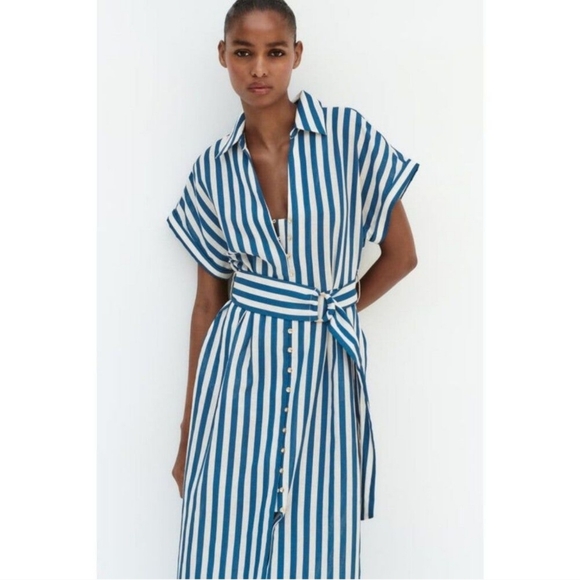ZARA LINEN STRIPED MAXI DRESS - Picture 3 of 10